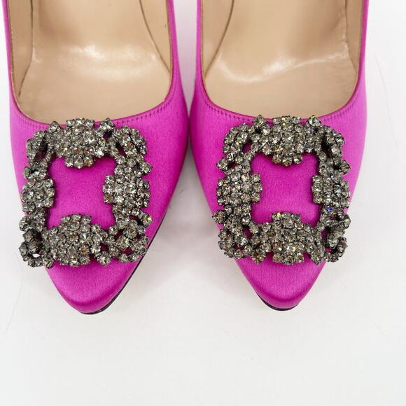 Manolo Blahnik Fuchsia Hangisi Satin Pointed Toe Crystal Detailed Pump IT 37.5 - Picture 6 of 12